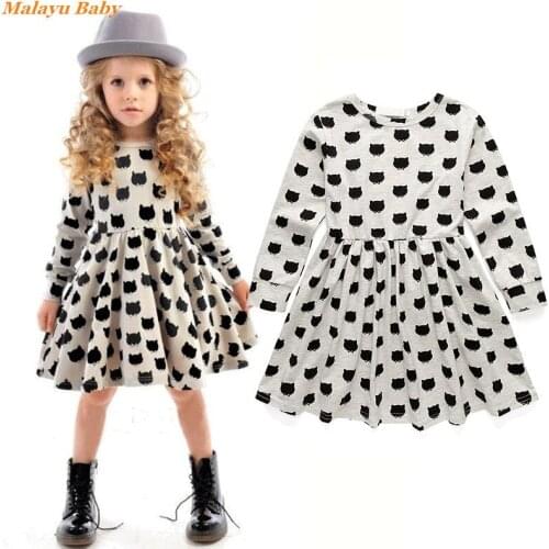 Malayu Baby Girl Dress 2021 Spring Autumn New Kids Cartoon Print Long-Sleeved Princess Dress 2-6 Years Childrens Clothing