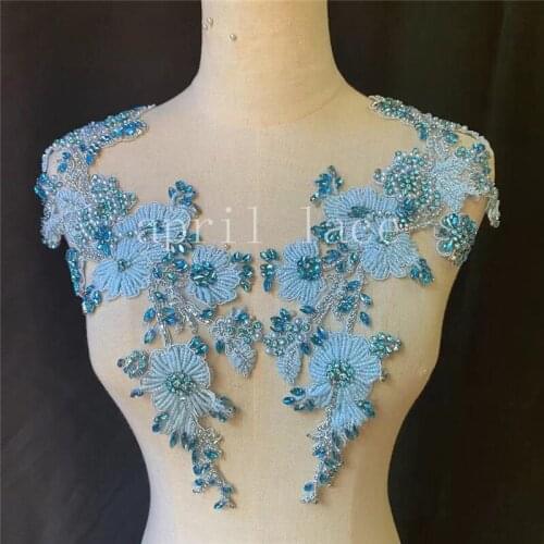 Lady Elegant Princess Mia093# Blue Flower Hand Made Stone Beads Tulle Accessory For Saw Wedding Bridal Dress/ Fashion Designer