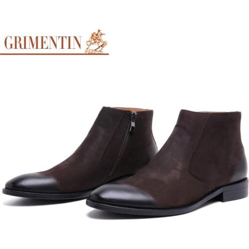 GRIMENTIN Brand winter fashion mens ankle boots genuine leather black brown men shoes for wedding business 2017