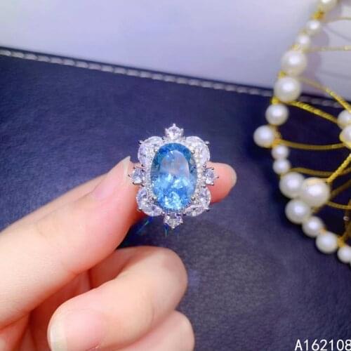 Fine Jewelry 925 Sterling Silver Inset With Natural Large Gem Women Classic Fashion Flower Blue Topaz Adjustable Ring Support De