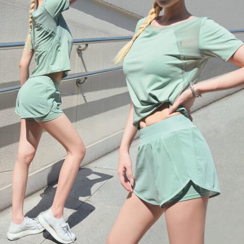 Yoga Set Short Sleeve Shirt Tops Solid Vest Shorts Pants Quick Dry Sports Clothes Women Fitness Outfits Gym Summer 2 Pcs