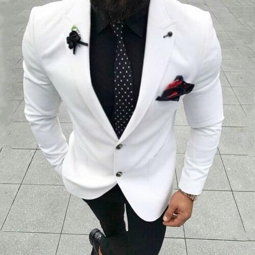 White Slim Fit Mens Suits 2 Piece Man Set Jacket with Black Pants Peaked Lapel Wedding Groom Tuxedos for Prom Party New Fashion