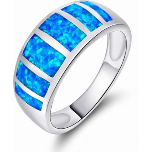 Trendy Silver Plated Layer Blue Opalite Opal Circle Finger Ring Simple Style Jewelry