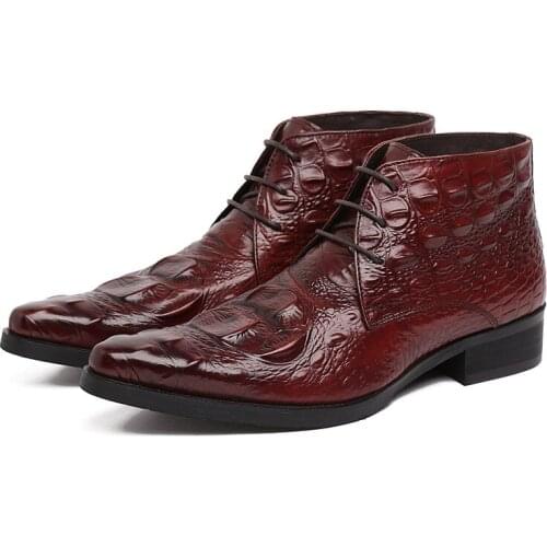 Mens Lace Up Mens Dress Boots Fashion Wingtip Crocodile Pattern Chelsea Boots Leather Cow Genuine Black Wine Red Ankle Booties