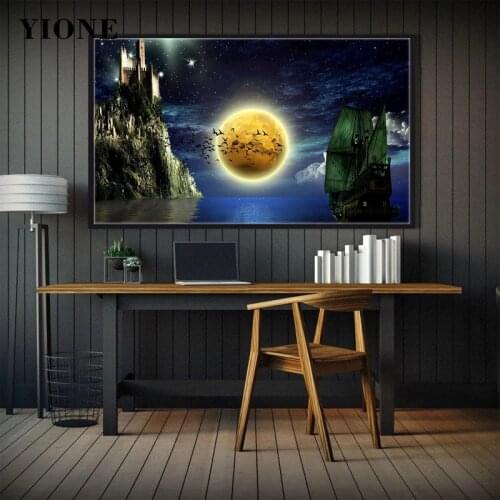 Dark Sailboat Castle Moon Starry Sky Sea Wall Art Poster Custom Vintage Magic Landscape Canvas Print Picture Decoration Painting