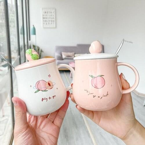 Pink peach shape mug with spood,Ceramic Mug Coffee Tea Milk Stave Cups with Handle Coffee Mug Novelty Gifts