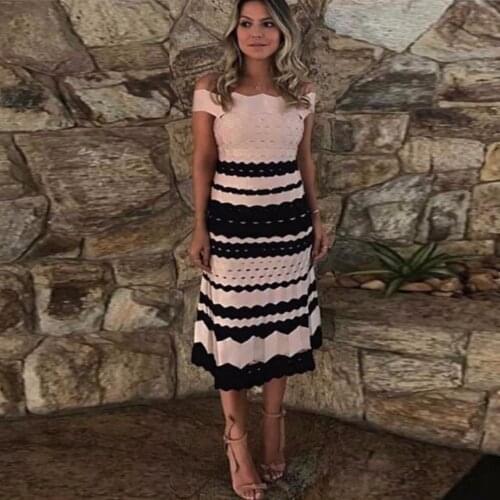 Celebrity Top Quality Pink Striped Slash Neck Rayon Long Aline Bandage Dress Cocktail Party Dress