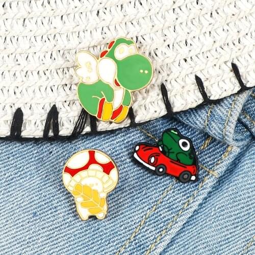 Cartoon Frog Driver Mushroom Dinosaur Enamel Pins Red Car Brooches Backpack Lapel Pin Funny Cute Animals Badge Jewelry For Kids