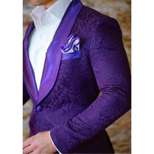 High Quality One Button Purple Paisley Groom Tuxedos Shawl Lapel Groomsmen Mens Suits Blazers (Jacket+Pants+Tie) W:695
