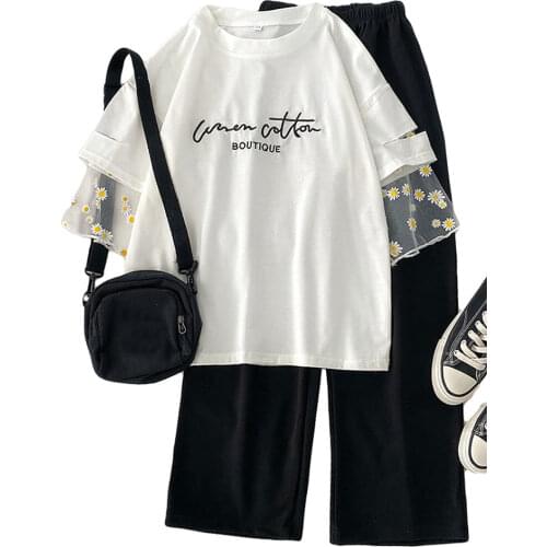 Two Piece Set Women Letter embroidery T shirt And Long Pants Sets Casual harajuku Summer Short Sleeve Women Tracksuit Pants Suit