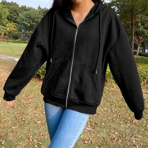 Women Zip Up Sweatshirt Jacket Clothes Hoodies Womens Pockets Long Sleeve Pullovers Black White Female Tops