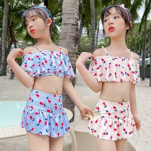 3-5 Year Sweet Print Bikini 2021 Girl Ruffle Split Skirt Swimsuit Children Bathing Suit Two Pieces Swimwear Child Trajes De Bano