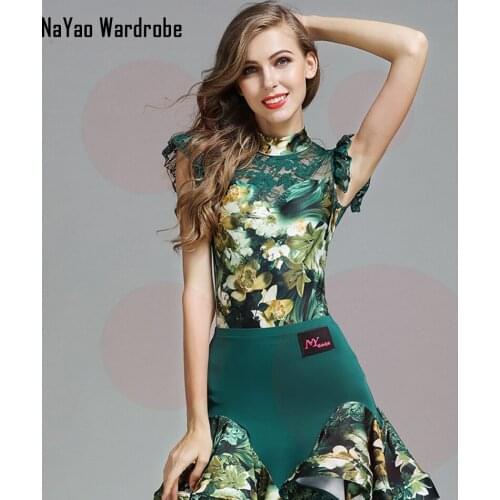 2021 New MY771 Women Latin Dance Bodysuit Lace Back Floral Patchwork Latin Dancing Tops Performamnce Modern Dance Dress