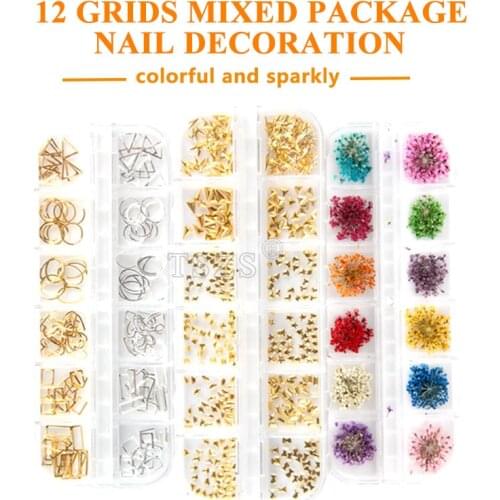 1set /lot Metallic 3D Nail Art Decoration Studs Pearl Dried Flower Rhinestone Chain Tips Mixed Kit Set