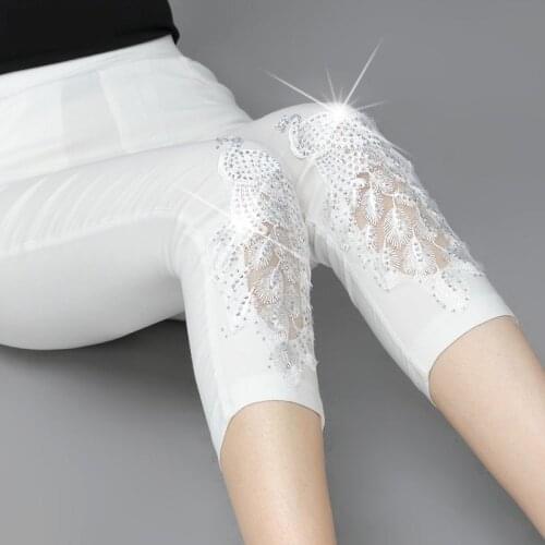 2021 Summer Capris Pants Women High Waist Casual Stretch Skinny Pencill Pants Plus Size Ladies White Black Embroidery Pants