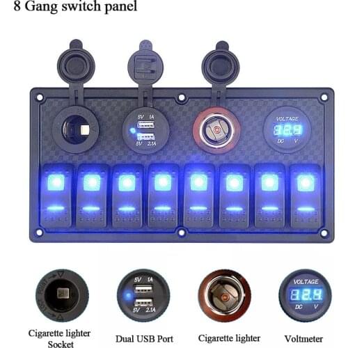 8 Gang Rocker Switch Panel Car Boat Voltmeter Cigarette Lighter Socket Dual USB Charging Ports Breakers for 12-24V car ship RV