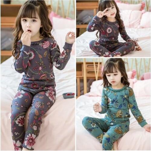 Kids Girls Knitted Pajamas Sets Floral Print Homewear Thermal Underwear 2021 New Children Princess Sleep Wear Clothing Set 2-10Y