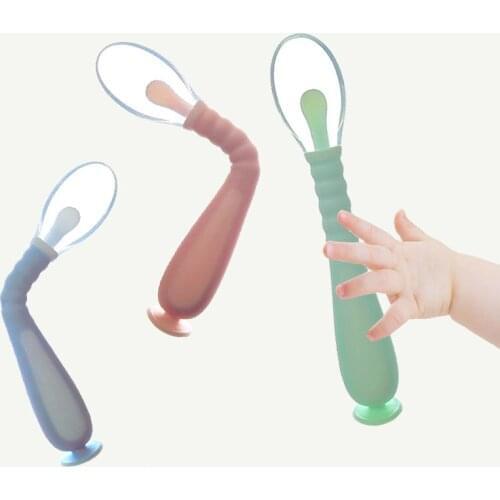 Baby Silicone Suction Cup Twist Spoon Anti-slip Soft Head Infant Feeding Spoon Handle Heat-Resistant Soup Ladle Child Tableware