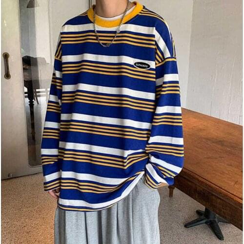 Autumn Men T Shirt Oversized Striped Long Sleeve O Neck Japan Style Retro Vintage Harajuku Korean Fashion Couple Clothing Cotton