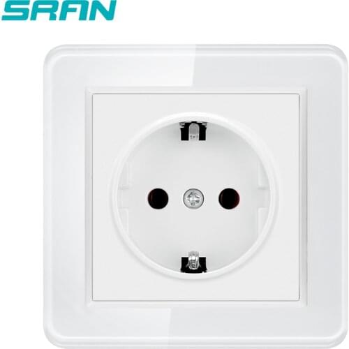 SRAN EU standard power socket white/green 82*82mm 2.5D fillet tempered crystal glass panel AC 110~250V 16A wall socket eu