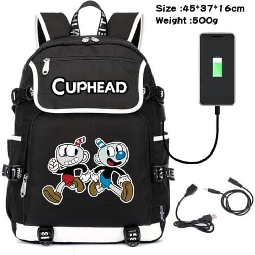 Game Cuphead Mugman Canvas USB Charging Teenagers Unisex Zipper Schoolbag Packsack Shoulders Travel Laptop Bag Cartoon Backpack