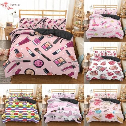 Homesky luxury Makeup Lipstick Bedding Set Cosmetic Pink Duvet Cover Girls Women Bed Set Home Textiles Bedclothes 2/3pcs