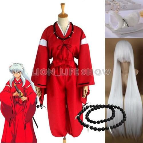 Anime Inuyasha Cosplay Costumes Red Japanese Kimono Men Robe Cosplay Costume Wigs Ears with Necklace For Halloween Party