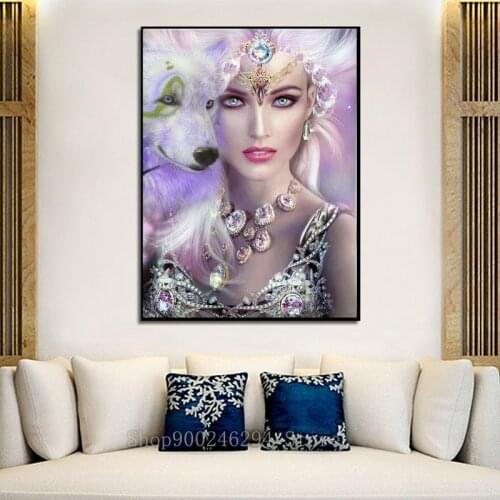 Fantasy art wolf and fairy girl 5D Diy Diamond Painting Cross Stitch beautiful girl Diamond Embroidery Square Round Drill FF1495