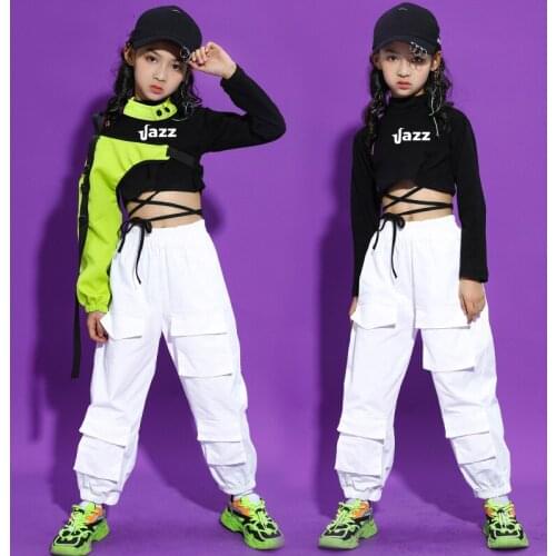 Fashion Hip Hop Girls Street Dance Clothing Green Half Sleeve White Cargo Pants Teens Jazz Hip Hop Costume Stage Outfits BL5740