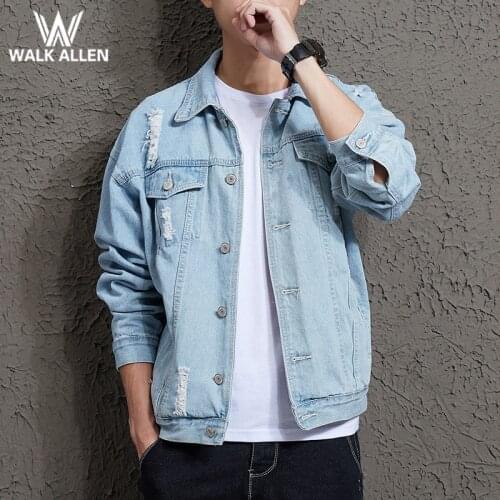 Men Light Blue Denim Jackets Holes Jean Jackets Streetwear Casual Denim Coats Men Cotton Outwear Slim Denim Jackets Size