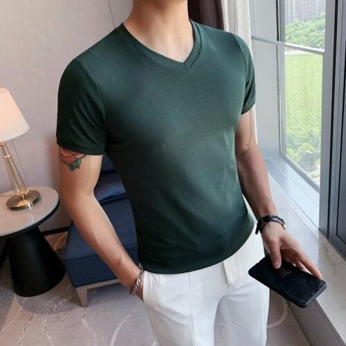 2021 Summer New Harajuku Solid Tops Men T Shirt Mens V neck Short Sleeve Slim Man T-shirt For Male Tshirts Camiseta Masculina