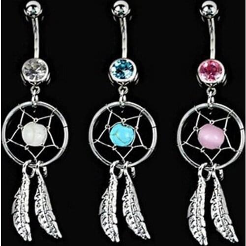 316L Stainless Steel Pink Dream Catcher Navel Bars Gold Belly Button Ring Navel Piercing Jewelry 1.6*10*5*8mm