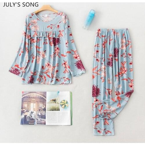 JULYS SONG Women Viscose Pajamas Set 2 Pieces Printing Cute Lady Long-sleeved Trousers Spring Autumn Striped Female Sleepwear