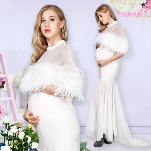 Maternity Dress For Photo Shooting Fancy White Feather Long Dress Maternity Photography Props Pregnant Clothing Pregnancy Dress