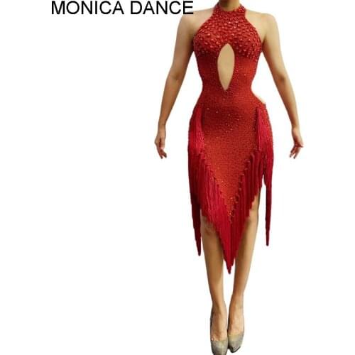 Luxury Sexy Stage Sparkly Red Crystals Latin Dress for Women Evening Birthday Celebrate Wedding Sexy Tassel Dresses Dance Dress