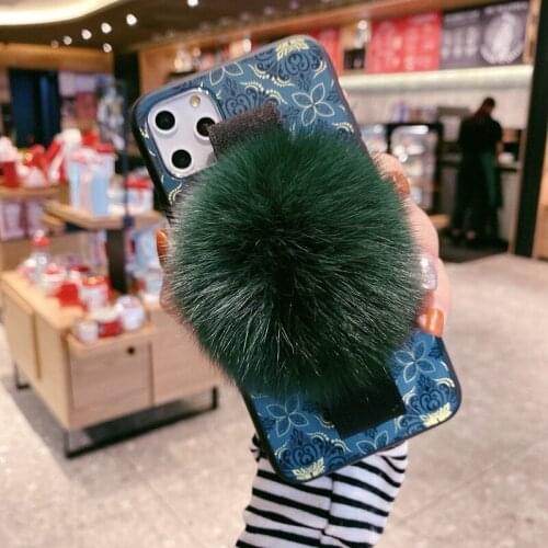 Luxury Geometric Mandala Palace Lace Flower Case For iPhone 11 XS Pro Max XR 6 S 7 8 Plus X With Cute Rabbit Fur Hair Ball Cover