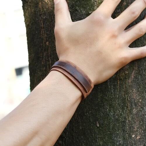 Vintage Genuine Leather Bracelets for Men Jewelry Punk Wide Brown Wrap Bracelet for Women Hand Strap