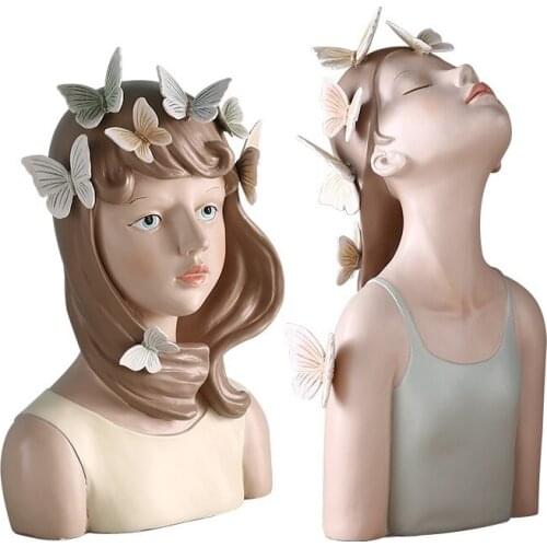 WU CHEN LONG Nordic Butterfly Embrace Girl Bust Statue Character Figurine Resin Art&Craft Home Decoration Office R2631