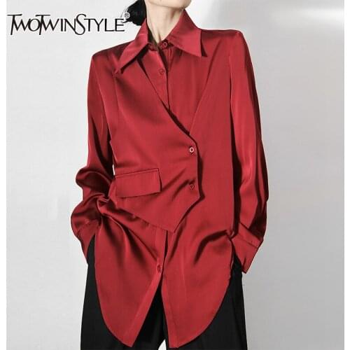 TWOTWINSTYLE Casual Irregular Patchwork Solid Shirt Female Lapel Long Sleeve Asymmetrical Fashion Blouse For Women Autumn Style