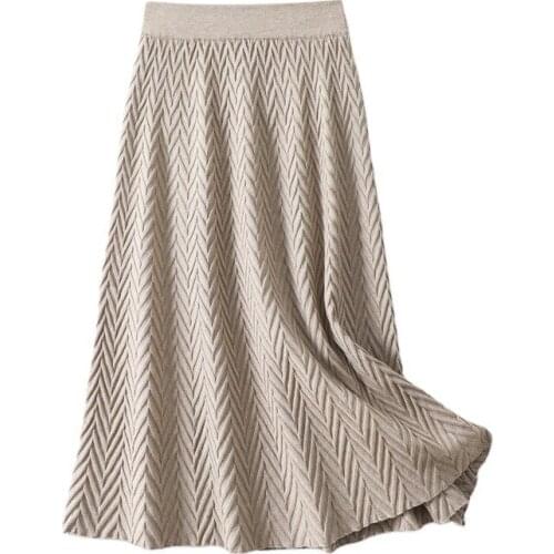 SHUCHAN Geometric Office Lady Knitting Mid-Calf Skirts Womens Korean Style A-Line High Waisted Skirt Womens Clothes