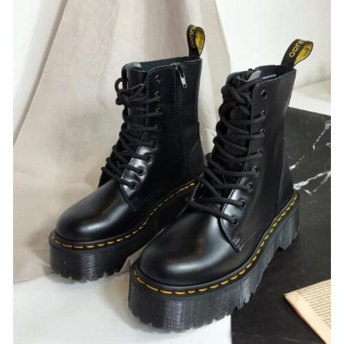 Black White Girls Hot Round Toe Lace Up Front Thick Heel Platform Punk Rock Motorcycle Short Martin Boots Leather Fur Boots
