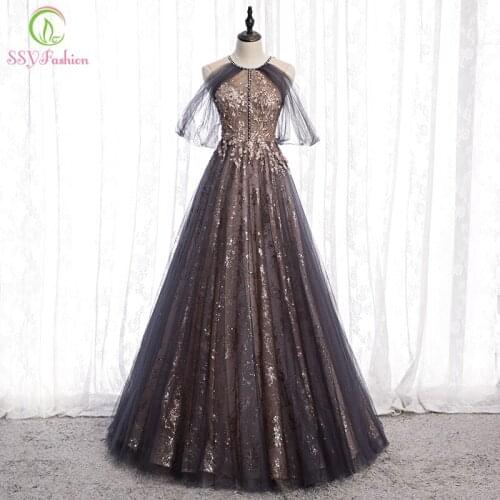 SSYFashion New Banquet Elegant Evening Dress Halter Sequins Appliques Sleeveless Long Prom Formal Gowns Vestido De Noche