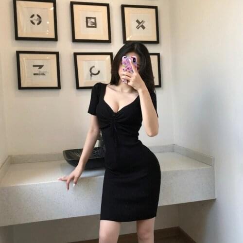 New Summer Harajuku Gothic Black V-Neck Dress Women Summer Temperament Slim Sexy Fashion A-line 6 Colors Dress