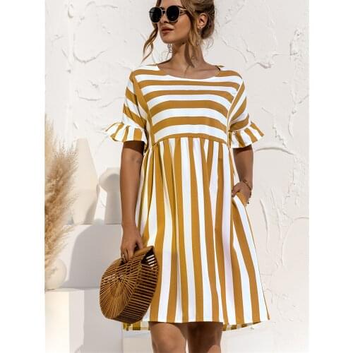 New Products Striped Loose Sleeve Womens Dress Elegant Ruffled High Sleeve Round Neck Pocket Swimsuit Loose Summer 2021