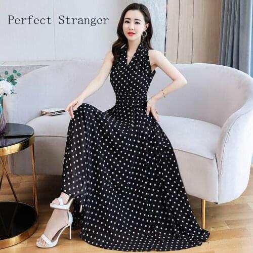 2020 Summer New Arrival V Collar Sleeveless Dot Printed Women Chiffon Long Dress