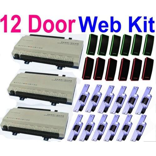 12 Door Full Kit Web IP ControlAccess Controller System +12 pcs RFID Card reader+12 pcs Door Strike Lock+ One Software control