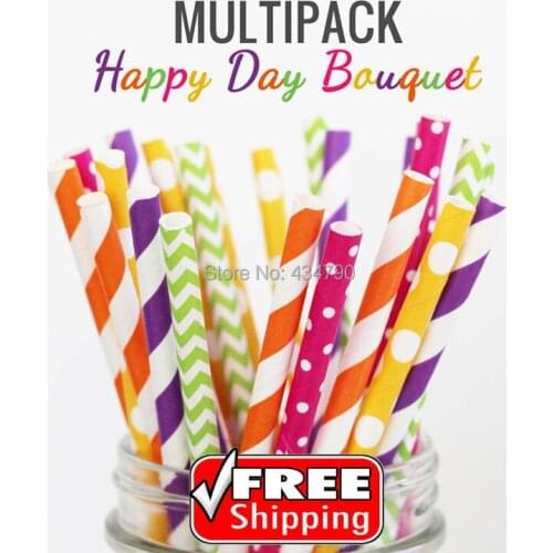 200pcs Mixed 4 Designs HAPPY DAY BOUQUET Cheapest Paper Straws,Deep Purple,Deep Pink,Lime Green,Orange Striped,Swiss Dot,Chevron