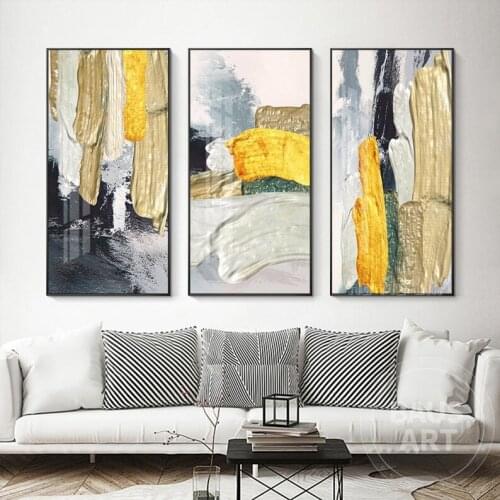 Abstract Gold Yellow White Painting Set Of 3 Prints Print On Canvas Large 3 Piece