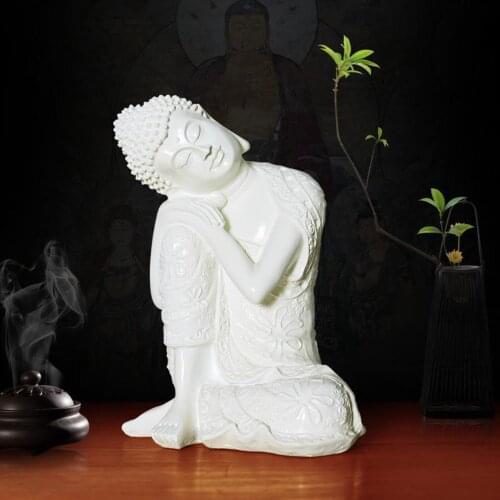 White Resin Sleeping Buddha Statue Seat Resting Handmade Home Decor