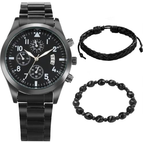 Classic Black Watch Gift Box Male Calendar Watch Quartz Numerals Dial Clock Mens Hand Bracelets Birthday Present for Husband